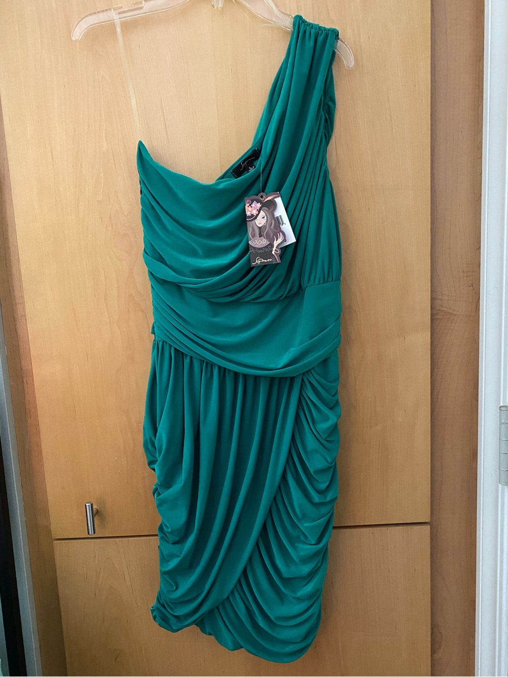 Vintage Y2K Soprano One Shoulder Ruched Jade Green Draped Cocktail Dress Large